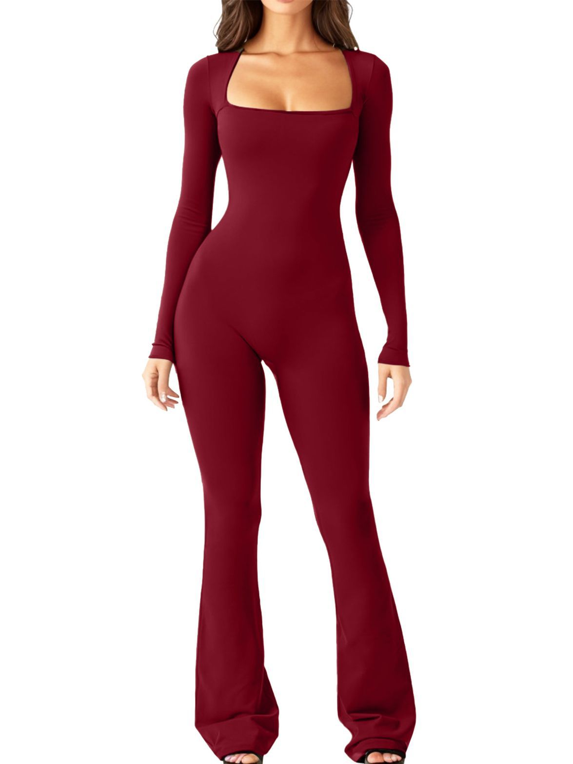 Women's Long Sleeve Belly And Waist Shaping Square Collar High Elastic Jumpsuit