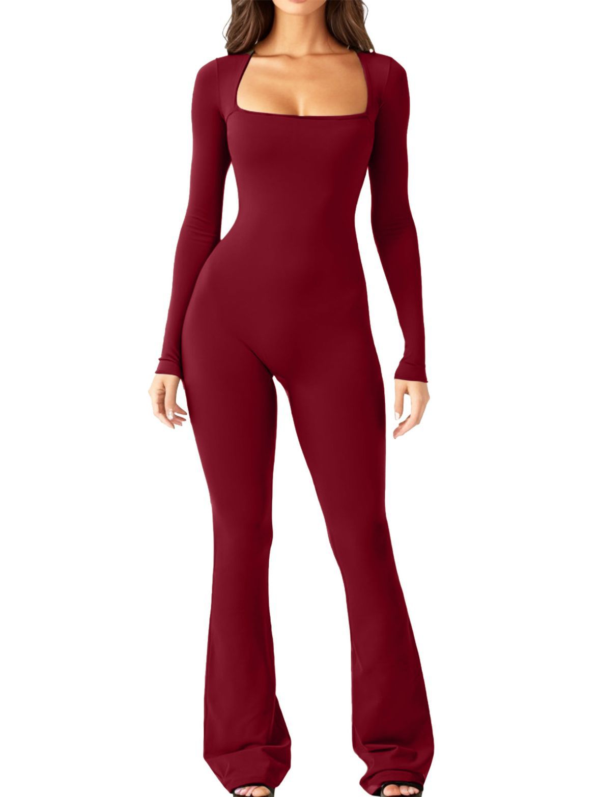 Women&#39;s Long Sleeve Belly And Waist Shaping Square Collar High Elastic Jumpsuit