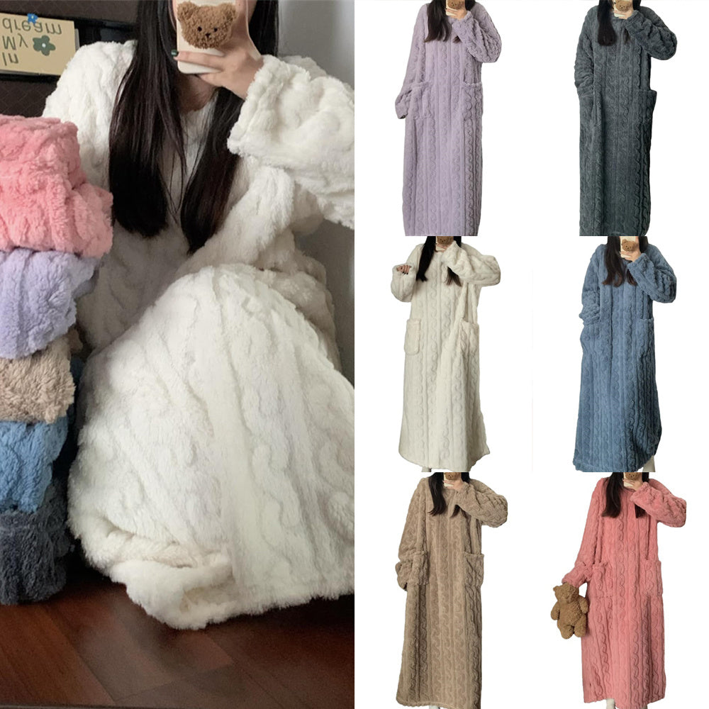 Winter Coral Fleece Sleepwear Women&#39;s Nightgown Long Night Dress Pajamas With Pockets Thickened Jacquard Dress Warm Home Clothes