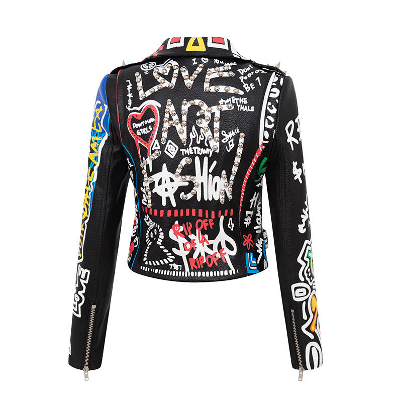 Printed Hit Color Jacket Motorcycle Leather Jacket Women&#39;s Suit Collar Trendy Jacket