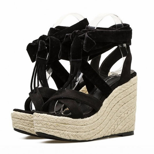 Weaving Cross Strap Platform Sandals Summer Wedges Heel Shoes For Women Flock Ankle Strap Ladies Gladiator Sandals Black