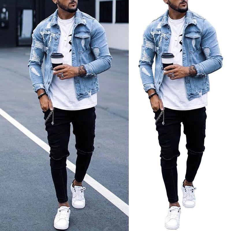 Lapel Men&#39;s Denim Jacket Ripped Irregular Washed Jacket