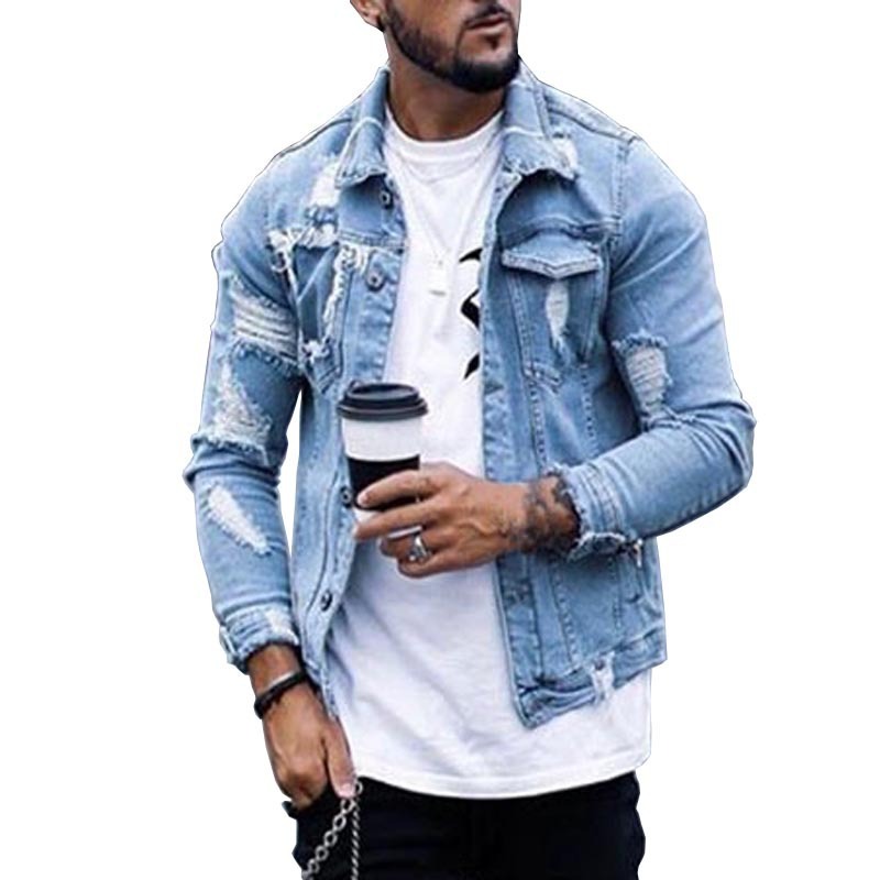 Lapel Men&#39;s Denim Jacket Ripped Irregular Washed Jacket