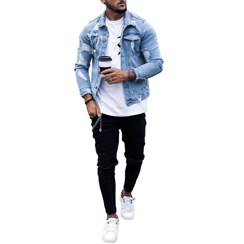 Lapel Men&#39;s Denim Jacket Ripped Irregular Washed Jacket