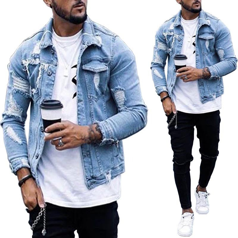 Lapel Men&#39;s Denim Jacket Ripped Irregular Washed Jacket