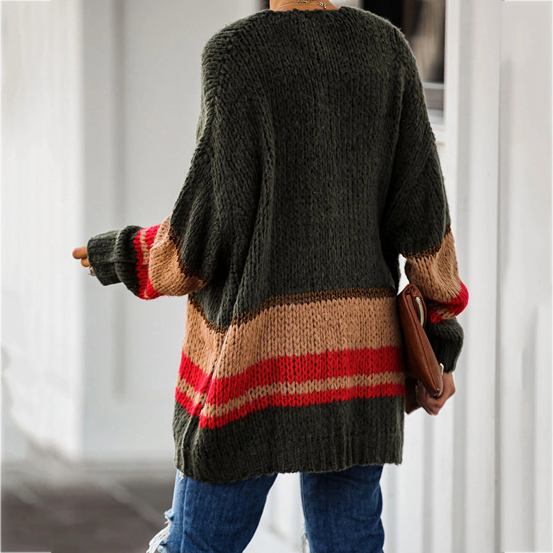 Cardigan Women&#39;s Autumn And Winter Knitted Jacket Loose Stitching Sweater