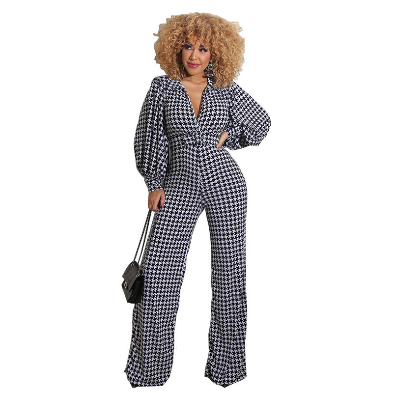 Puff Sleeve Women&#39;s Printed Jumpsuit Loose