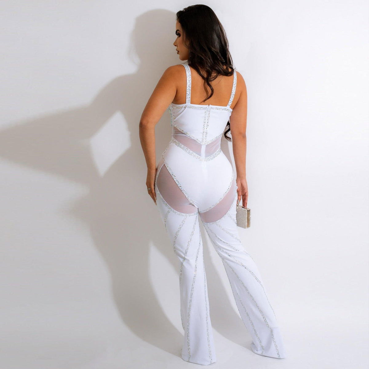 Women&#39;s See-through Deep V Rhinestone Jumpsuit