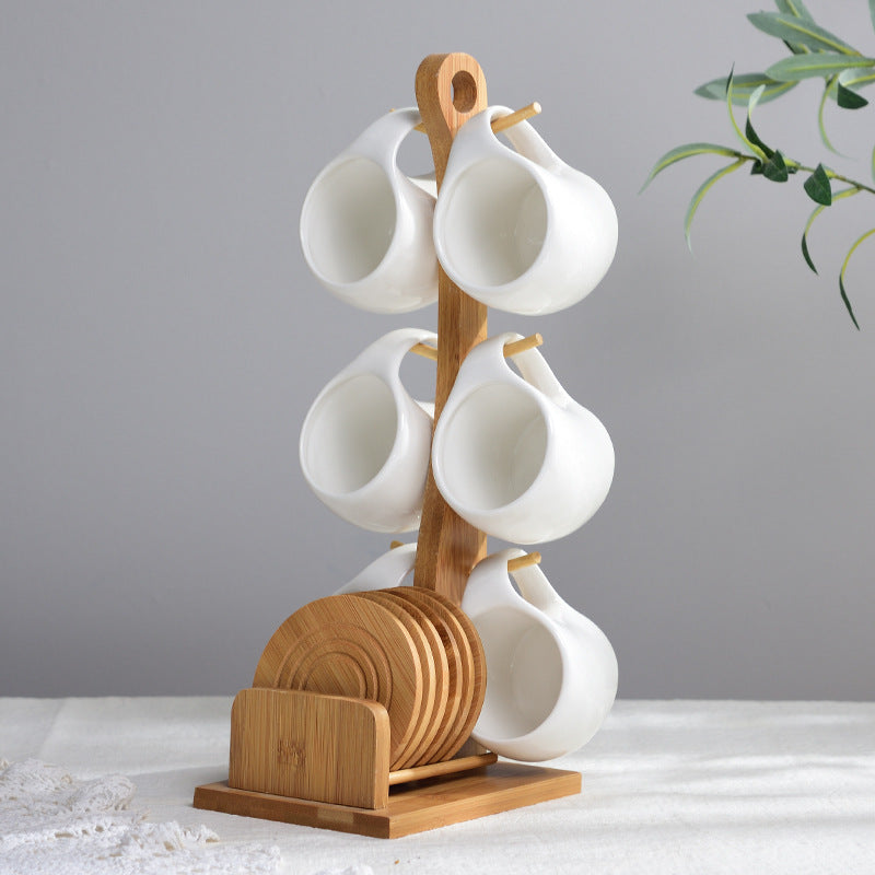 Six-piece Simple Ceramic Cup Set 200ml Tea Cup Coffee Cup Three-dimensional Bamboo and Wooden Bracket Striped Non-slip Coaster