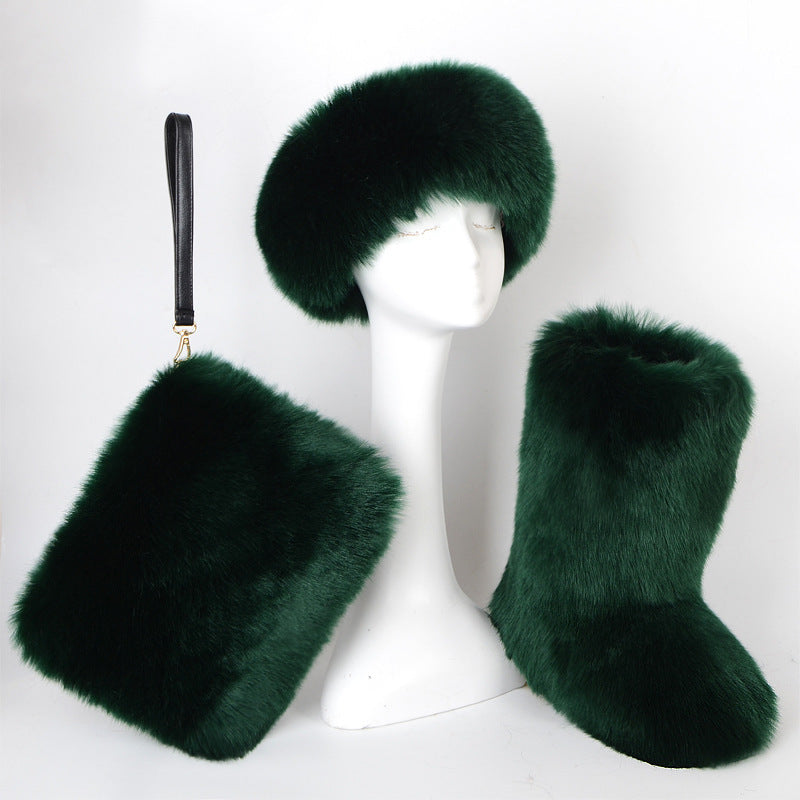 Fur Boots Velvet Padded Plus Size Imitation Fox Fur Fur Women&#39;s Snow Boots Three-piece Set