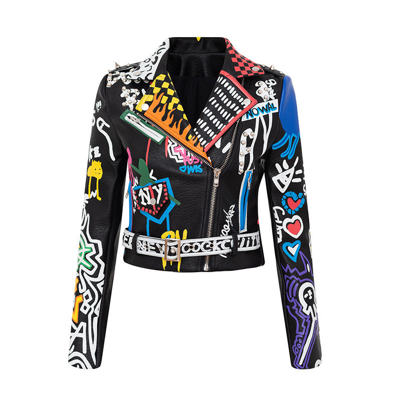 Printed Hit Color Jacket Motorcycle Leather Jacket Women&#39;s Suit Collar Trendy Jacket