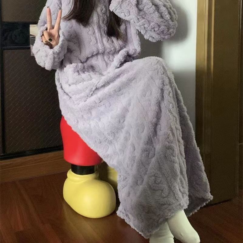 Winter Coral Fleece Sleepwear Women&#39;s Nightgown Long Night Dress Pajamas With Pockets Thickened Jacquard Dress Warm Home Clothes