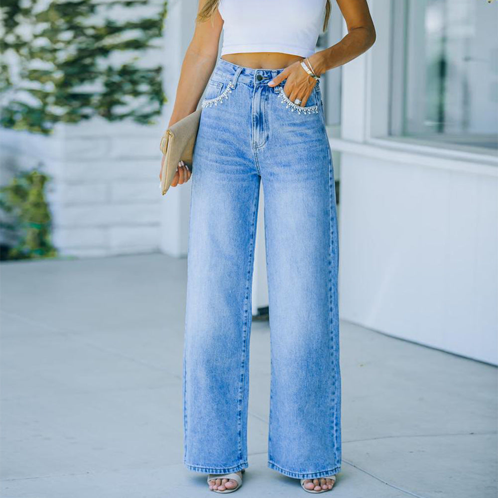 Women&#39;s Casual WISH Loose Washed Denim Trousers