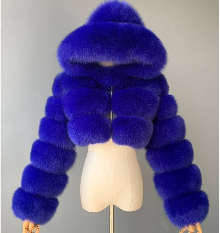 Short hooded faux fur long sleeve coat