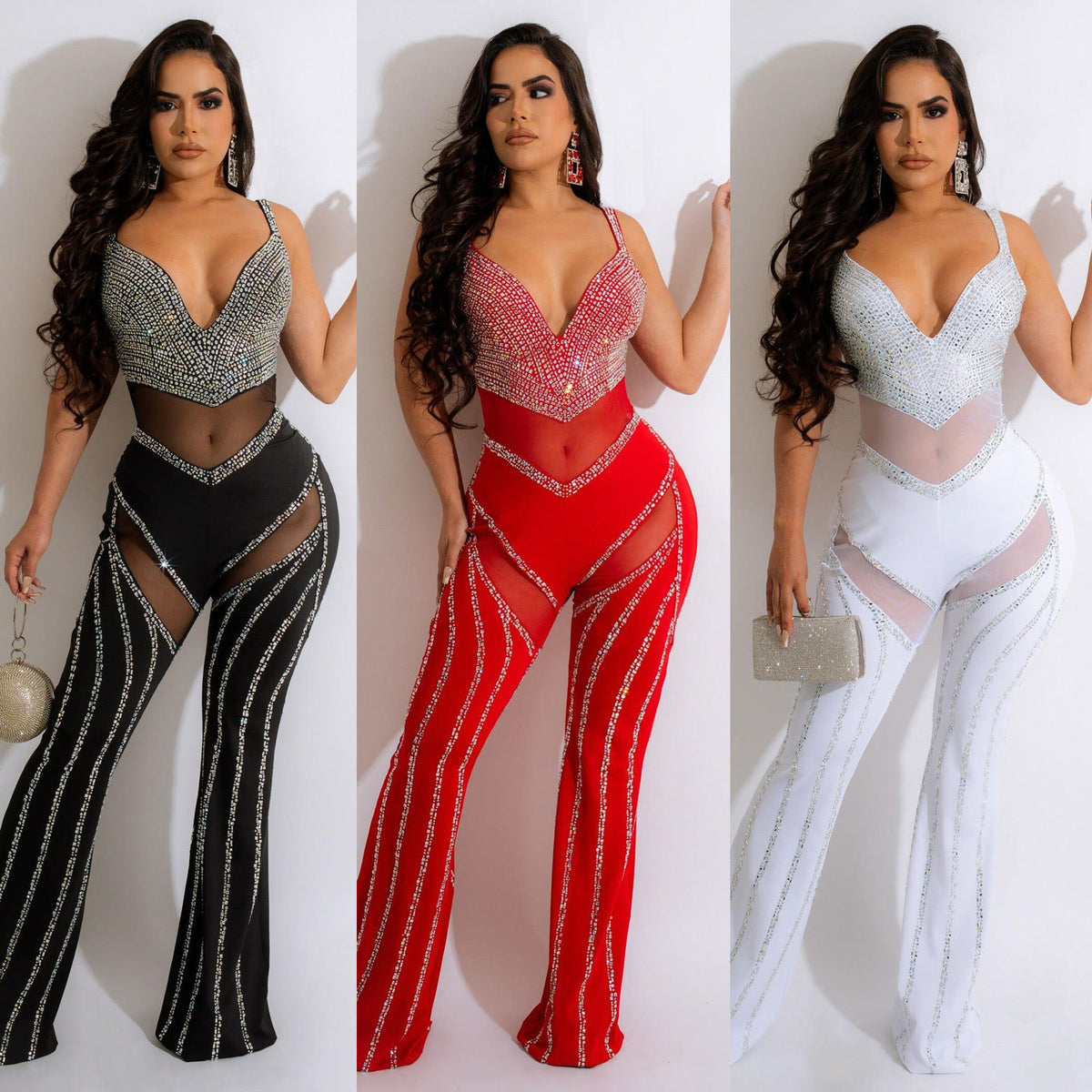 Women&#39;s See-through Deep V Rhinestone Jumpsuit