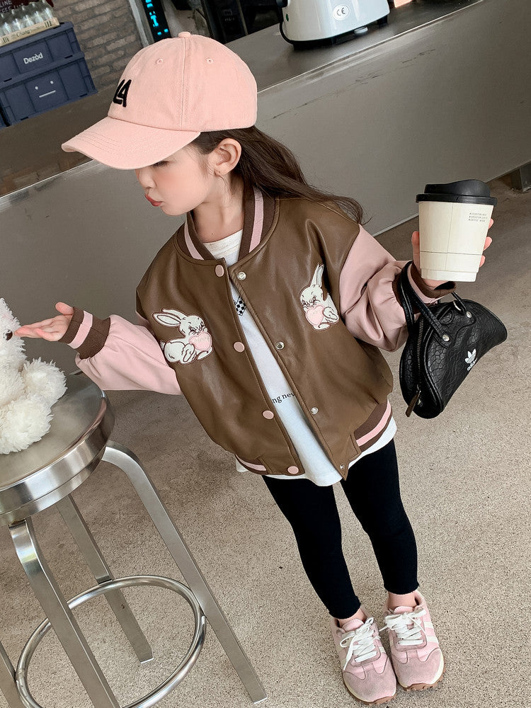Girls' PU Leather Coat Spring And Autumn Leisure Coat