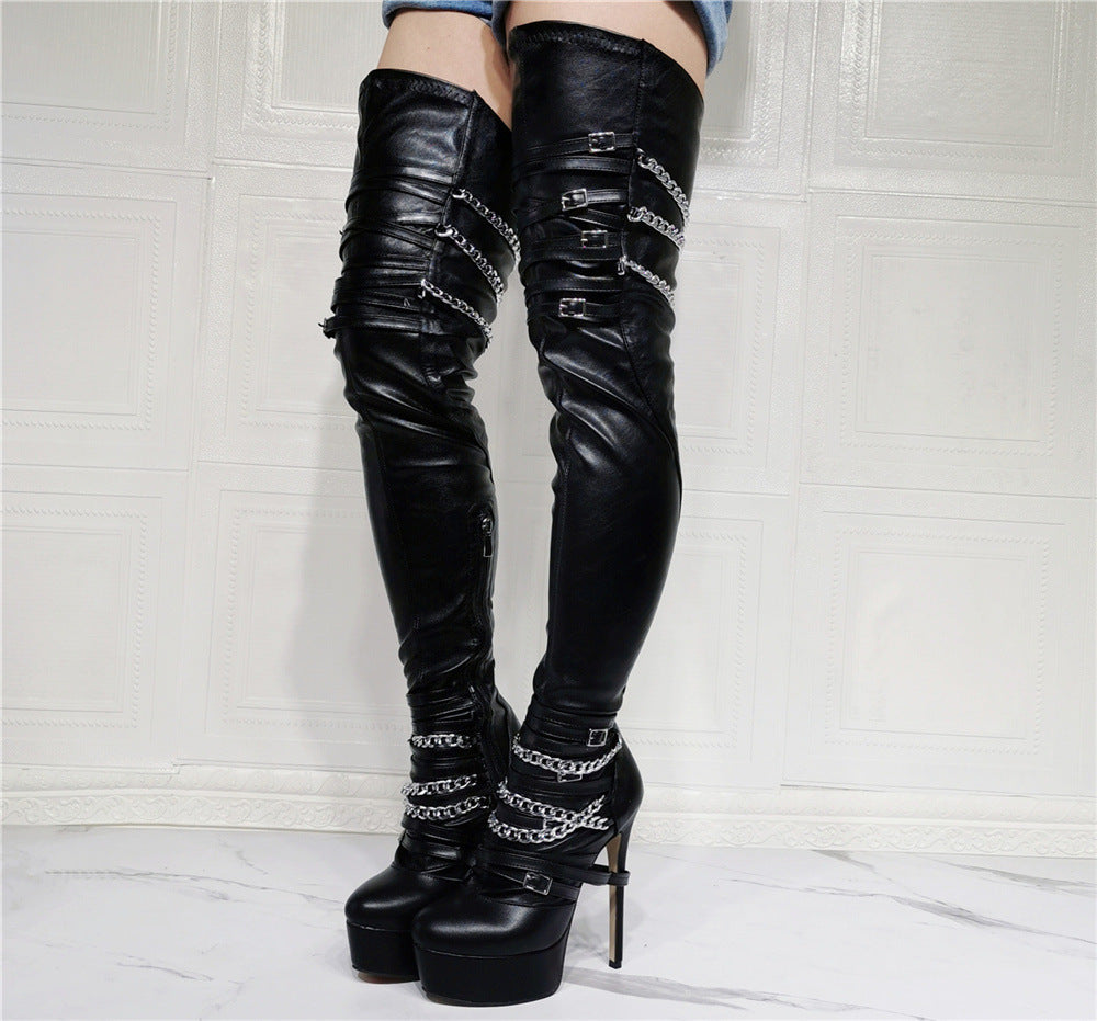 Water Table High Heel Elastic Over-the-knee Large Size Women&#39;s Wellies Thigh Boots