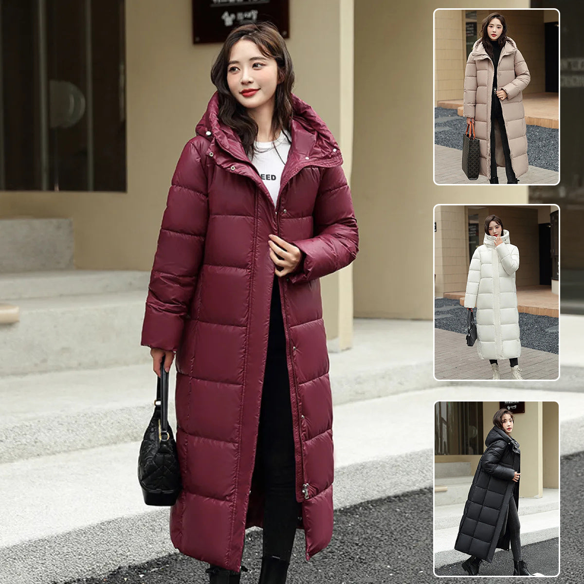 Women&#39;s Super Long Down Jacket Winter Puffer Thick Coat Black Red Hooded Zipper Keep Warm Fall Winter Casual Clothes