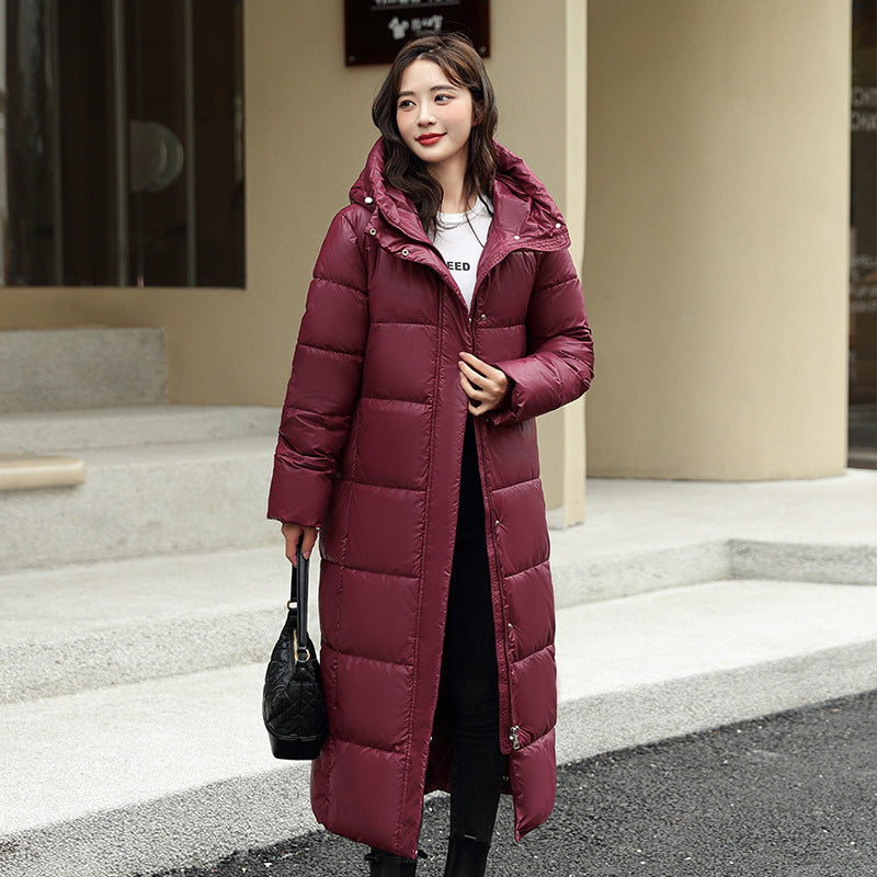 Women&#39;s Super Long Down Jacket Winter Puffer Thick Coat Black Red Hooded Zipper Keep Warm Fall Winter Casual Clothes