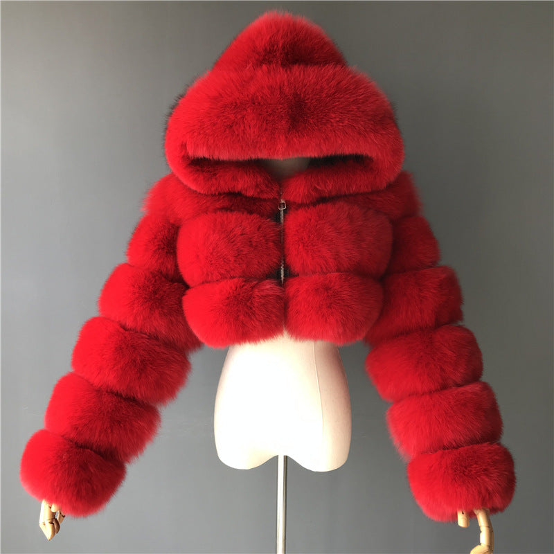 Short hooded faux fur long sleeve coat