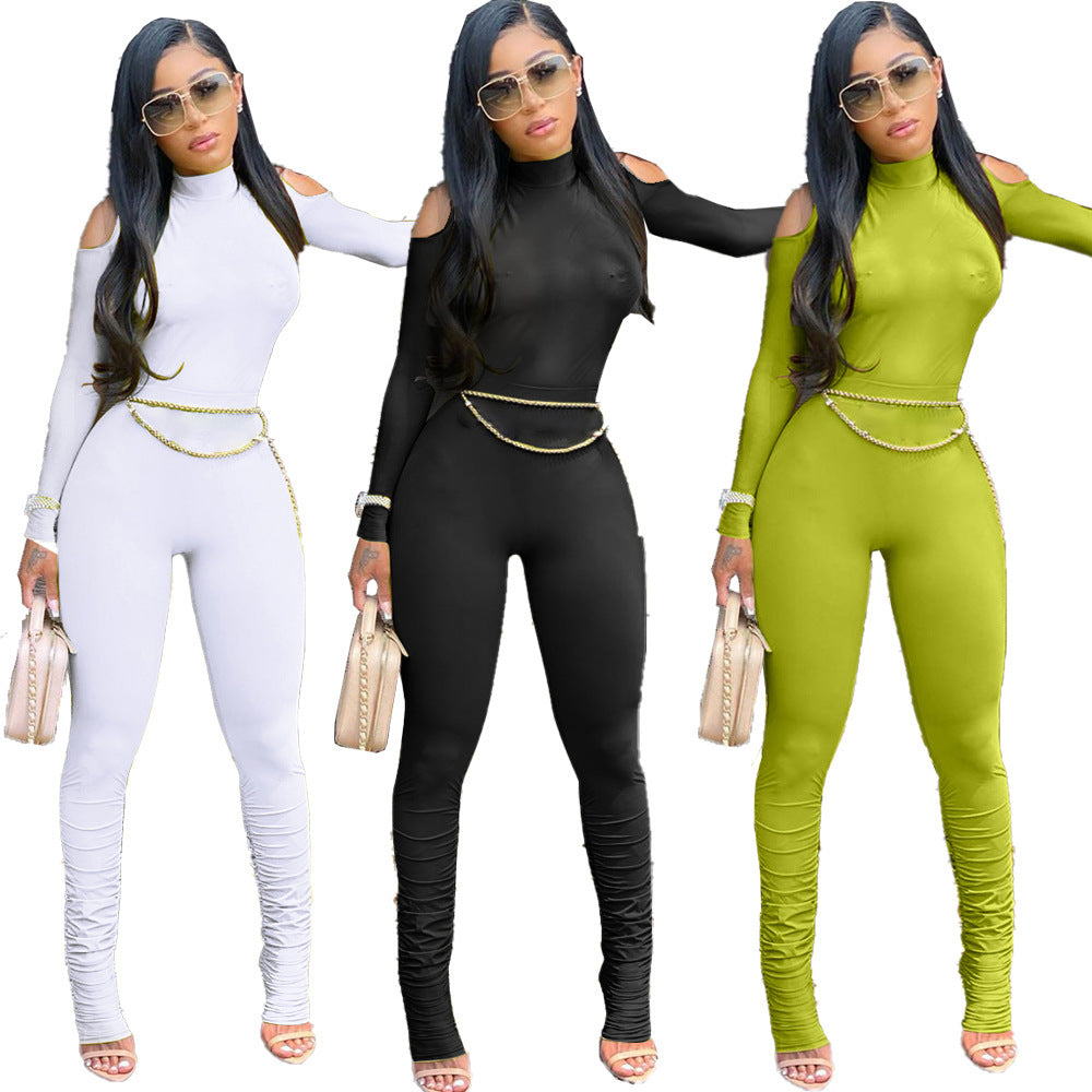 Women&#39;s Long Zipper Pleated Jumpsuit