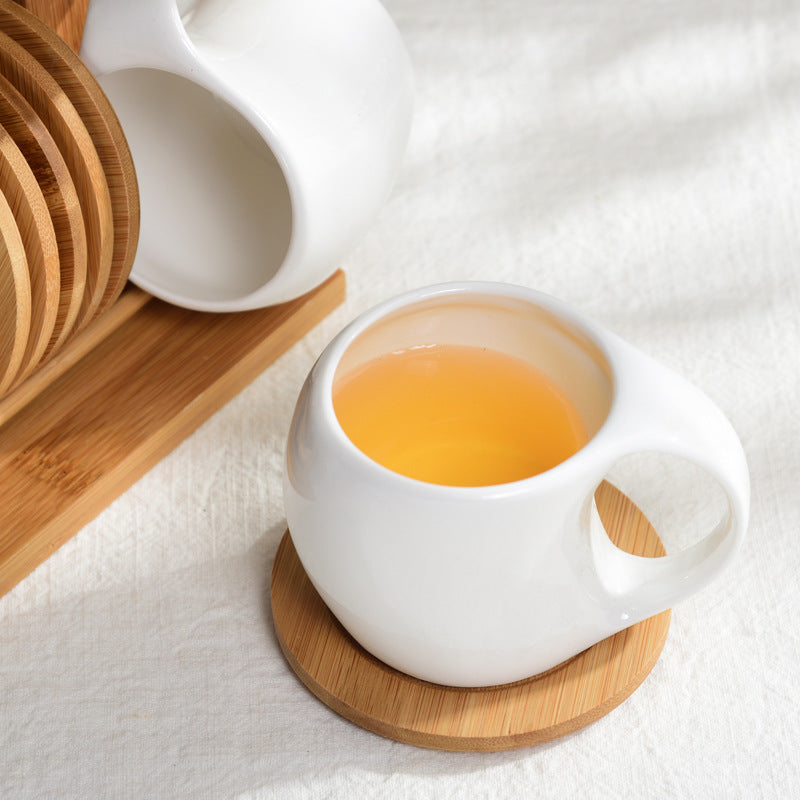 Six-piece Simple Ceramic Cup Set 200ml Tea Cup Coffee Cup Three-dimensional Bamboo and Wooden Bracket Striped Non-slip Coaster