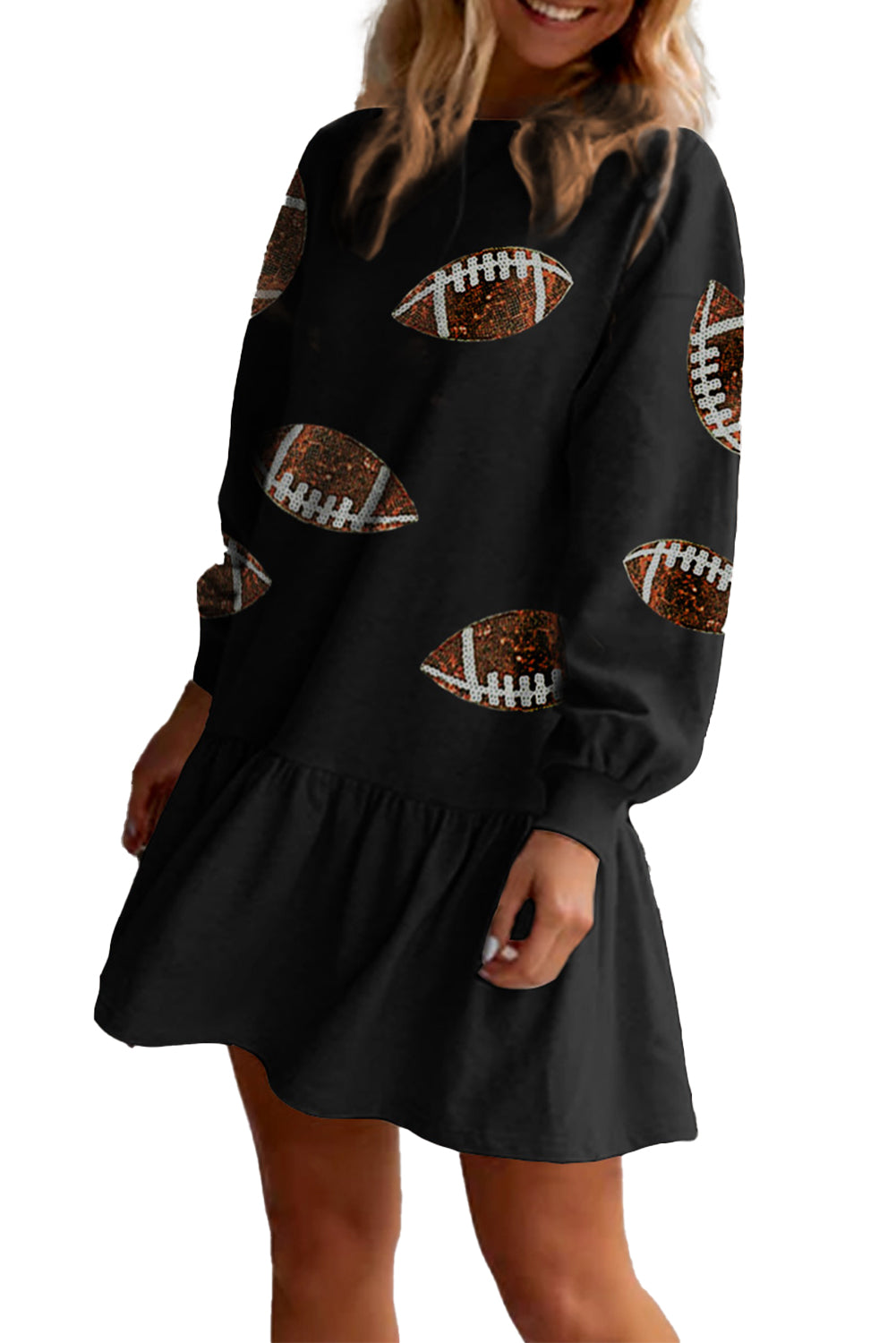 Black Game Day Sequin Rugby Pattern Ruffled Short Dress