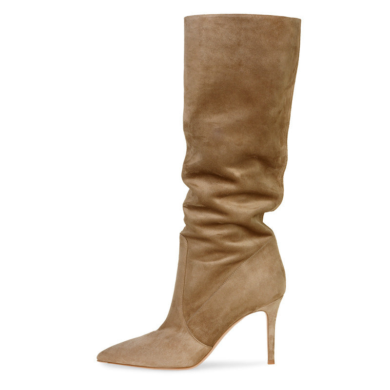 Pointed Suede Brown Stiletto Heel Fashion Mid Tube Knee Length Womens Boots