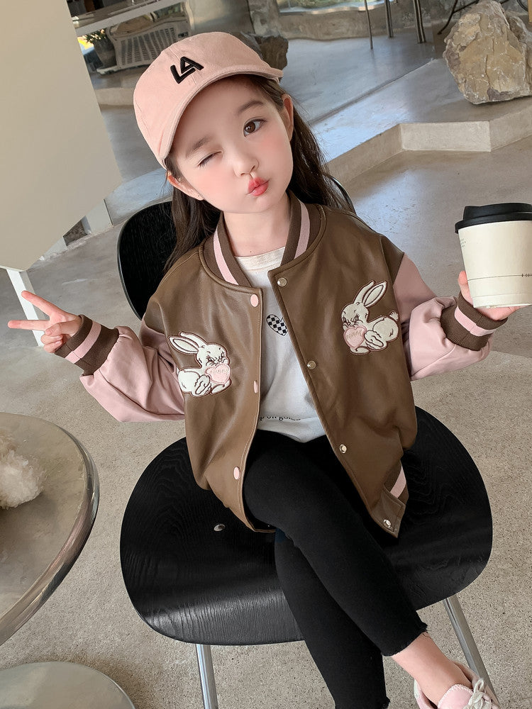 Girls' PU Leather Coat Spring And Autumn Leisure Coat