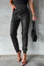 Black Smocked High-Waist Leather Joggers Pants