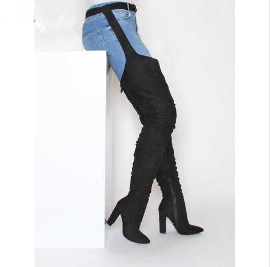 European And American Style Solid Color Suede Fashion Pointed Personality Chunky Heel Over The Knee Women&#39;s Fashion Boots