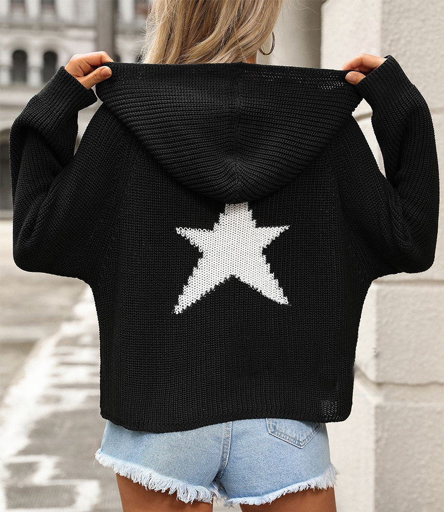 Fashion Pullover Hooded Sweater With Pockets Loose Star Long Sleeve Zippered Cropped Cardigan Outwear Tops For Womens Clothing