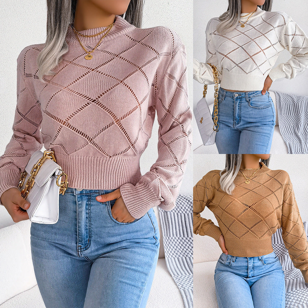 Hollow Plaid Long Sleeves Cropped Knitted Sweater