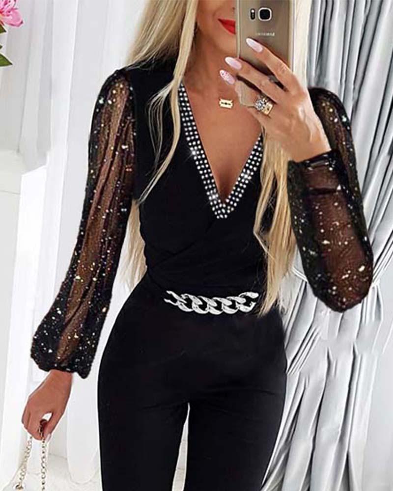 Women&#39;s V-neck Rhinestone Mesh Jumpsuit