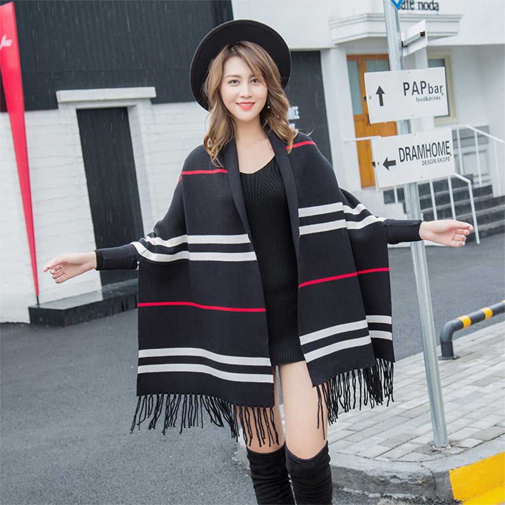 Striped fringe shawl