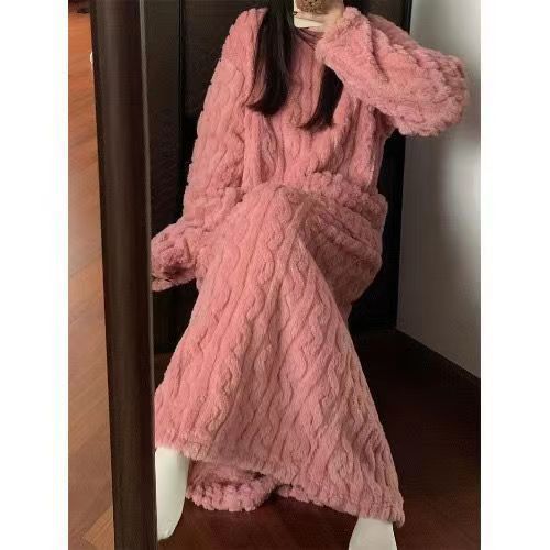 Winter Coral Fleece Sleepwear Women&#39;s Nightgown Long Night Dress Pajamas With Pockets Thickened Jacquard Dress Warm Home Clothes