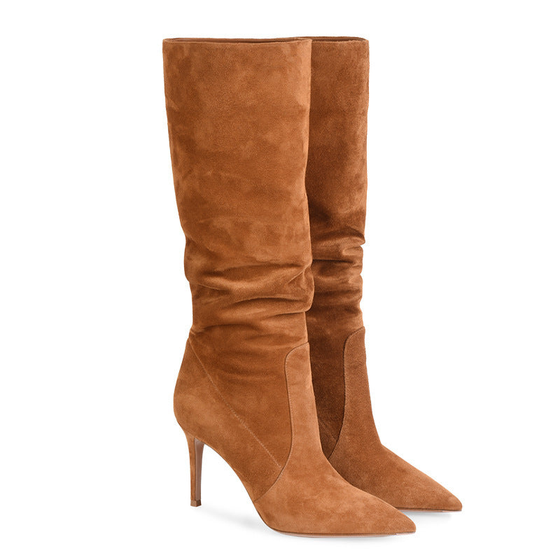 Pointed Suede Brown Stiletto Heel Fashion Mid Tube Knee Length Womens Boots