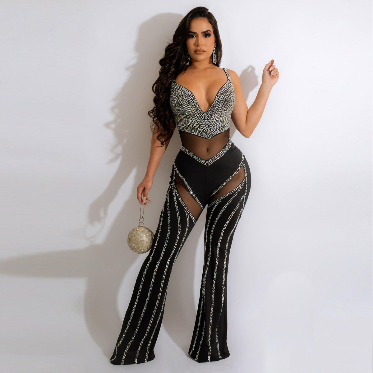 Women&#39;s See-through Deep V Rhinestone Jumpsuit