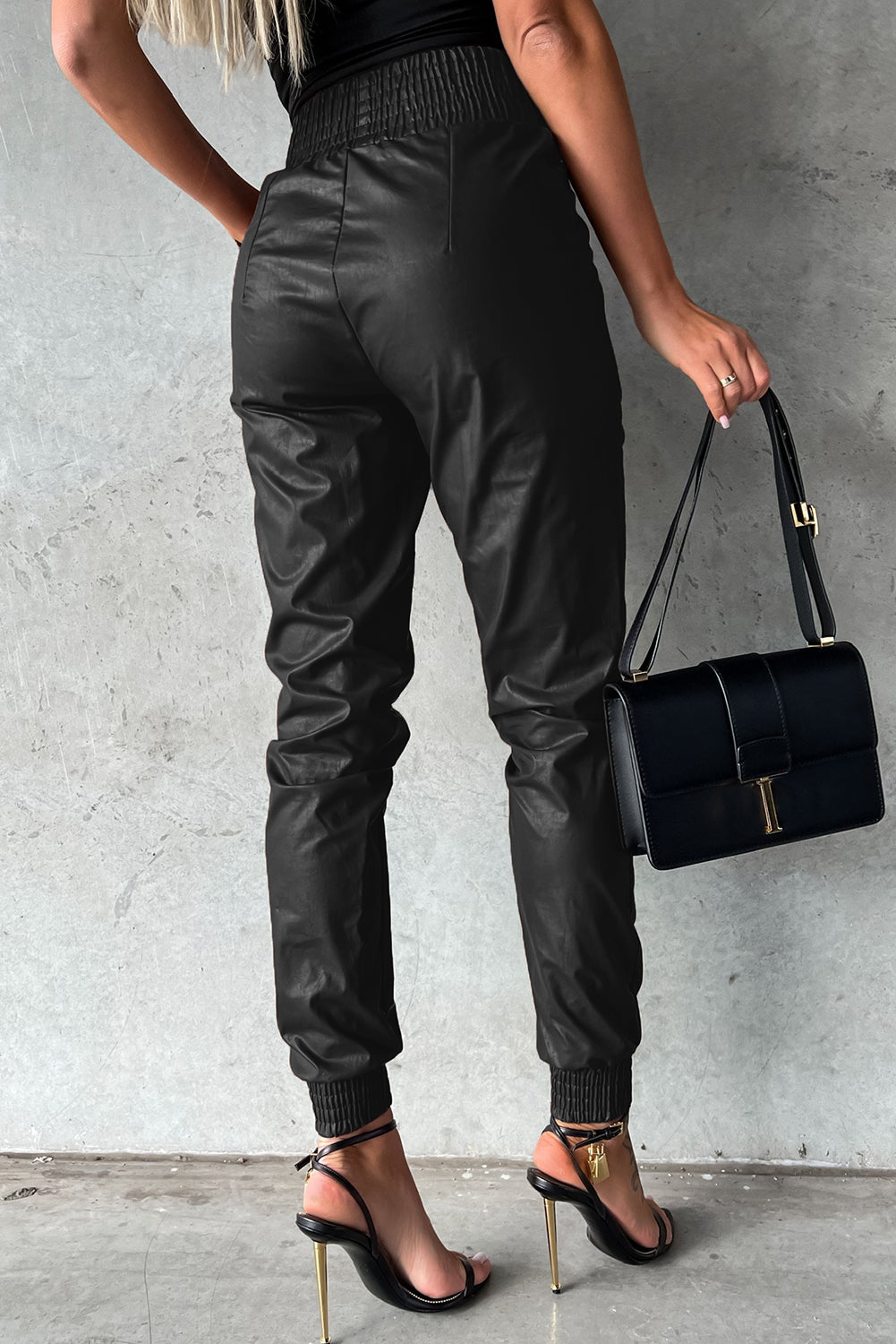 Black Smocked High-Waist Leather Joggers Pants