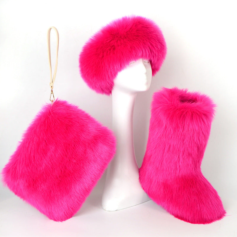 Fur Boots Velvet Padded Plus Size Imitation Fox Fur Fur Women&#39;s Snow Boots Three-piece Set