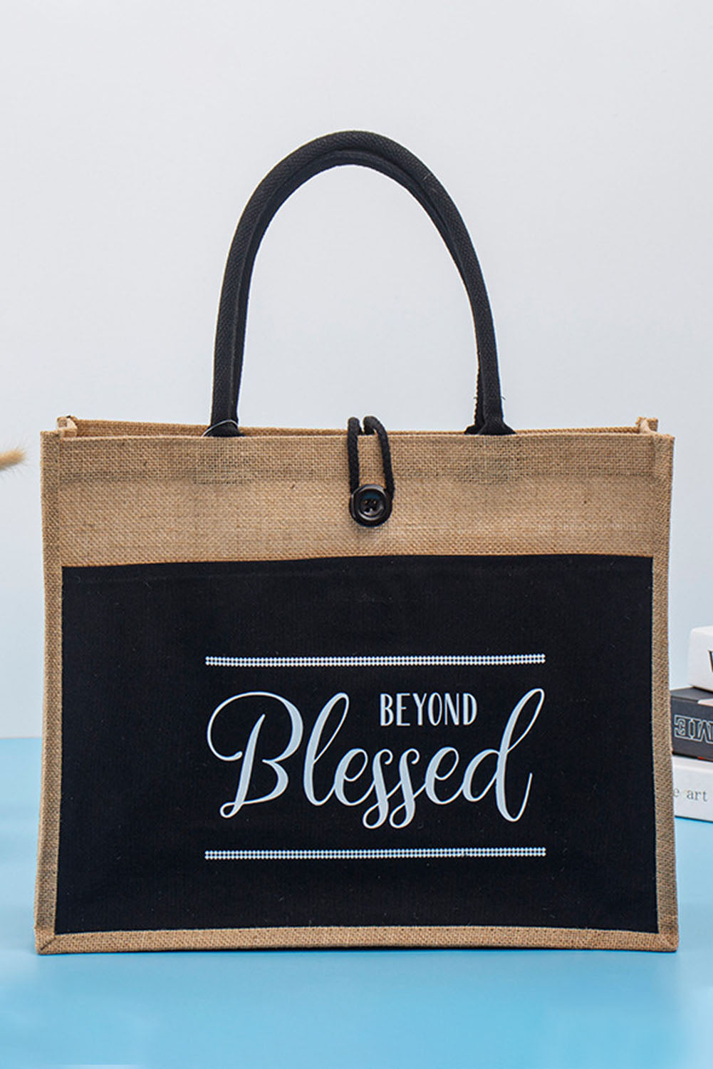 Black BEYOND Blessed Printed Vintage Burlap Bag