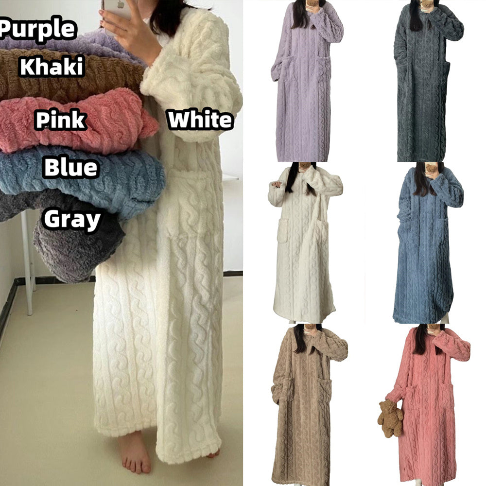 Winter Coral Fleece Sleepwear Women&#39;s Nightgown Long Night Dress Pajamas With Pockets Thickened Jacquard Dress Warm Home Clothes