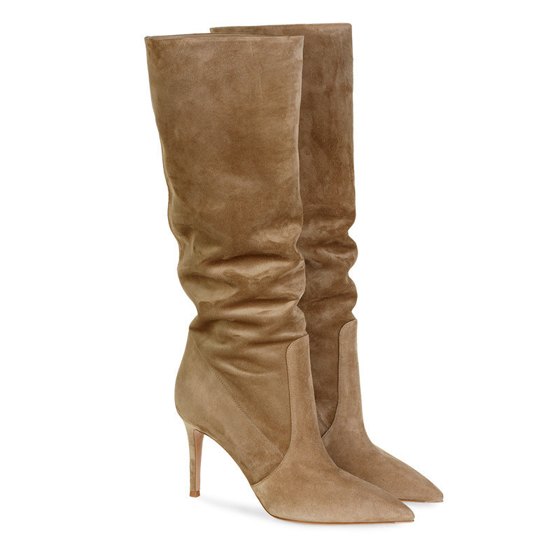 Pointed Suede Brown Stiletto Heel Fashion Mid Tube Knee Length Womens Boots