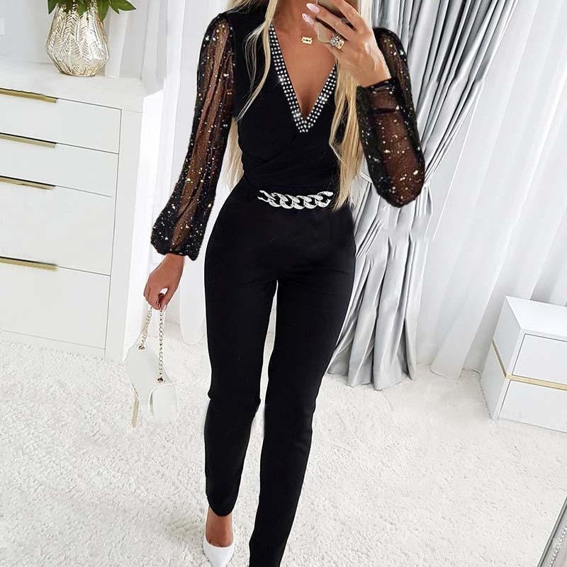 Women&#39;s V-neck Rhinestone Mesh Jumpsuit