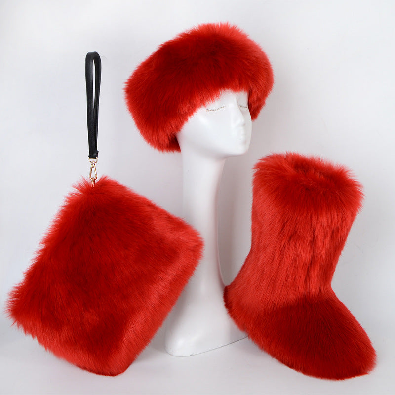 Fur Boots Velvet Padded Plus Size Imitation Fox Fur Fur Women&#39;s Snow Boots Three-piece Set