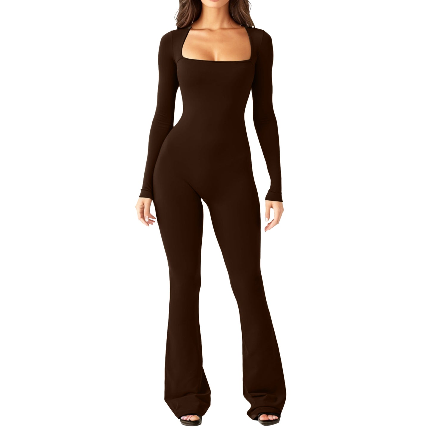 Women's Long Sleeve Belly And Waist Shaping Square Collar High Elastic Jumpsuit