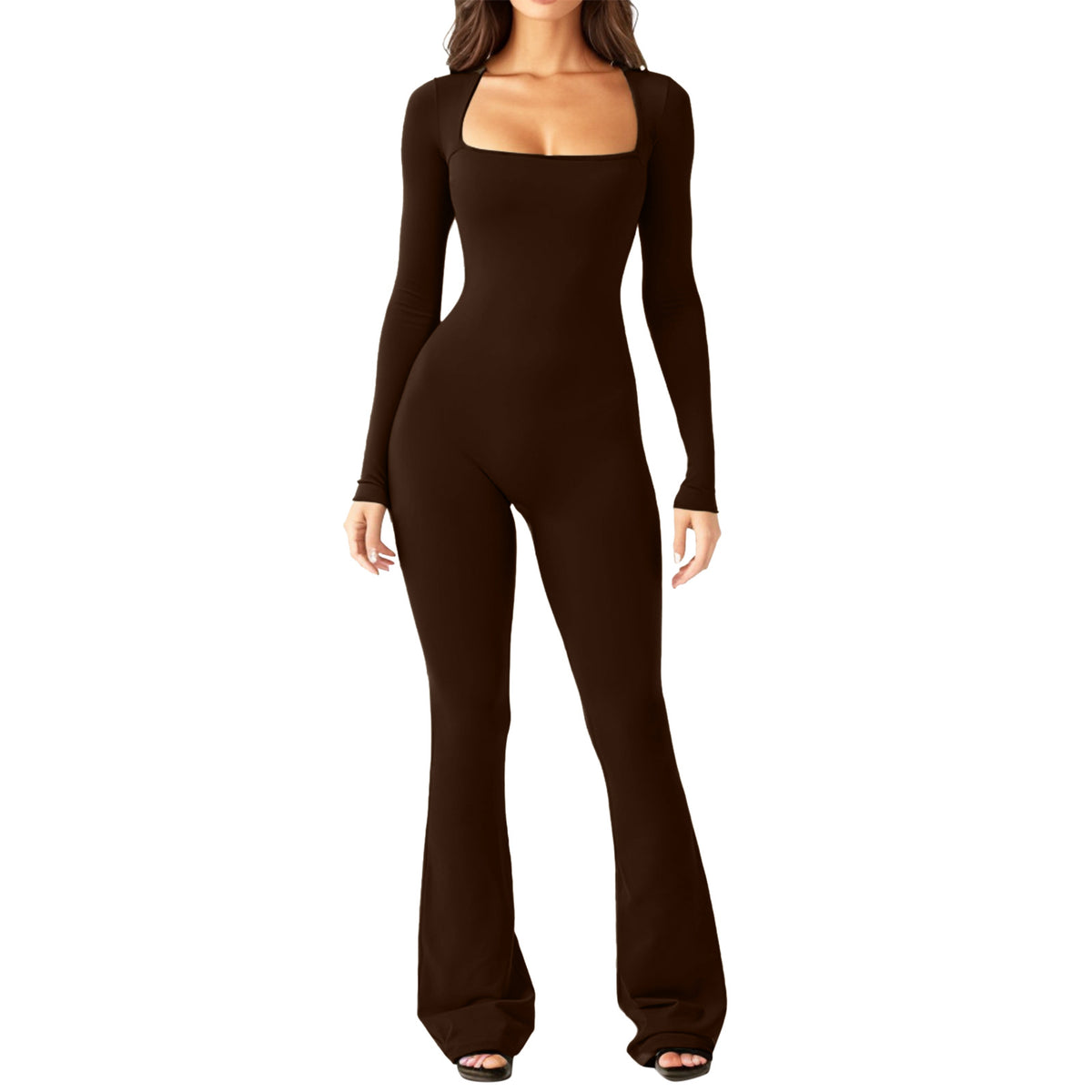 Women&#39;s Long Sleeve Belly And Waist Shaping Square Collar High Elastic Jumpsuit