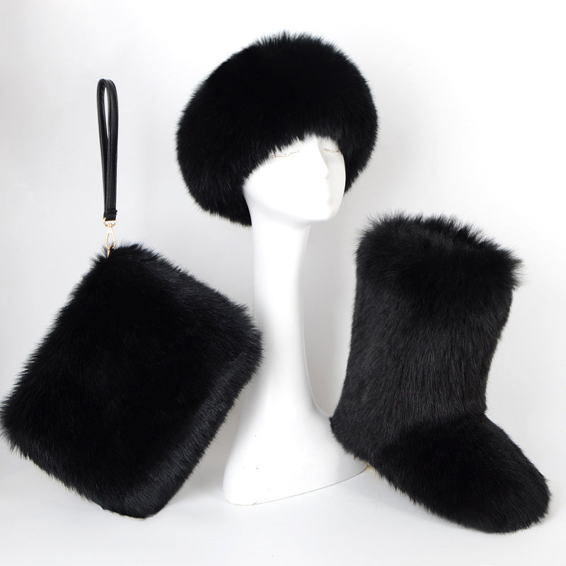 Fur Boots Velvet Padded Plus Size Imitation Fox Fur Fur Women&#39;s Snow Boots Three-piece Set