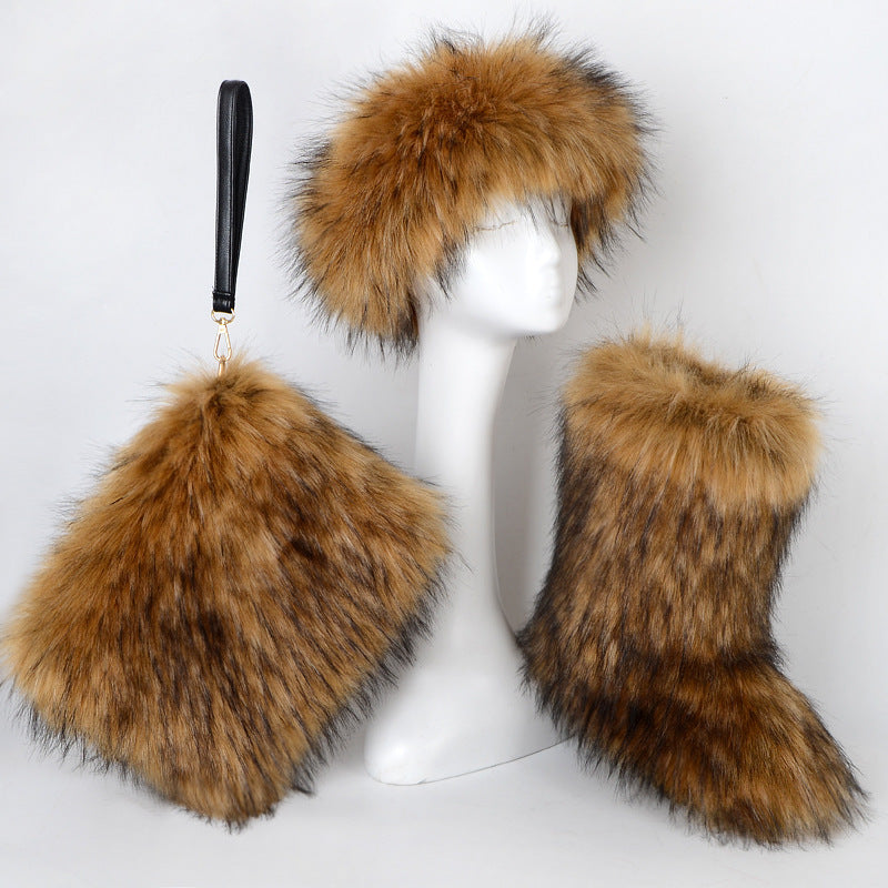 Fur Boots Velvet Padded Plus Size Imitation Fox Fur Fur Women&#39;s Snow Boots Three-piece Set