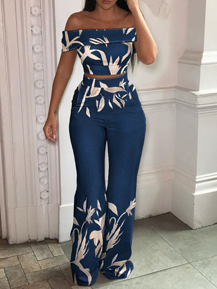 Women&#39;s Tropical Print Off-Shoulder Top And High Waist Pant Set